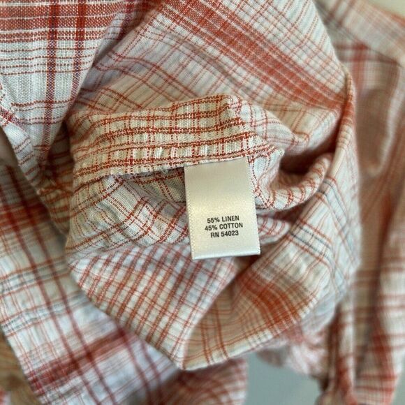 Banana Republic Short Sleeve Button Down Linen Cotton Plaid Orange White Blue L - Picture 7 of 9